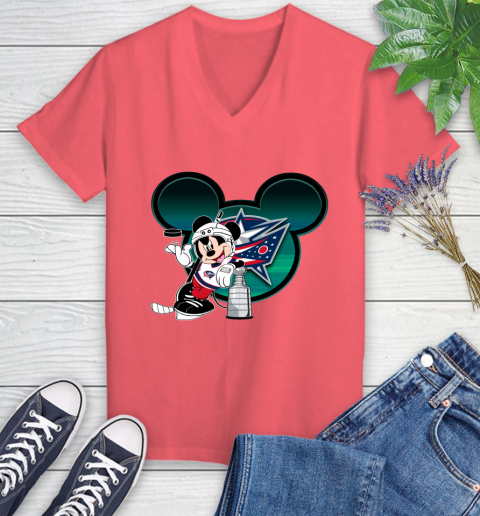NHL Columbus Blue Jackets Stanley Cup Mickey Mouse Disney Hockey T Shirt Women's V-Neck T-Shirt 6