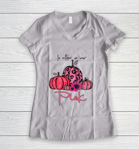 In October We Wear Pink Pumpkin Breast Cancer Halloween Women's V-Neck T-Shirt
