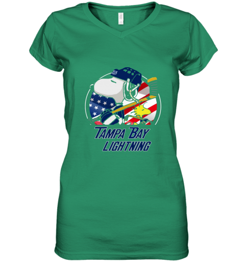 Tampa Bay lightning Snoopy And Woodstock NHL mmoq tampa bay lightningsnoopy and woodstock nhl women v neck t shirt 39 front irish green