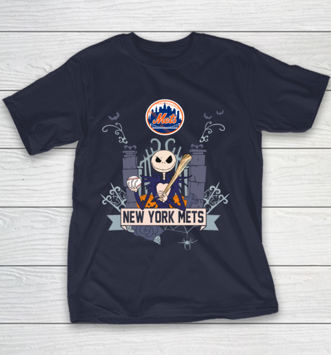 MLB New York Mets Baseball Jack Skellington Halloween Youth T-Shirt 2