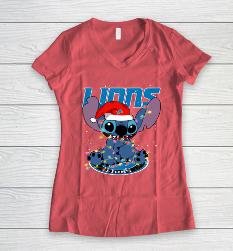 Detroit Lions NFL Football noel stitch Christmas Women's V-Neck T-Shirt 3