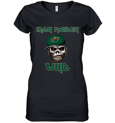 NHL Minnesota Wild Iron Maiden Rock Band Music Hockey Sports yVqknWwwIuJ women v neck t shirt 39 95 151514 front black