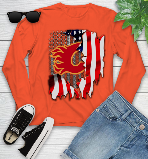 Calgary Flames NHL Hockey American Flag Youth Long Sleeve 3