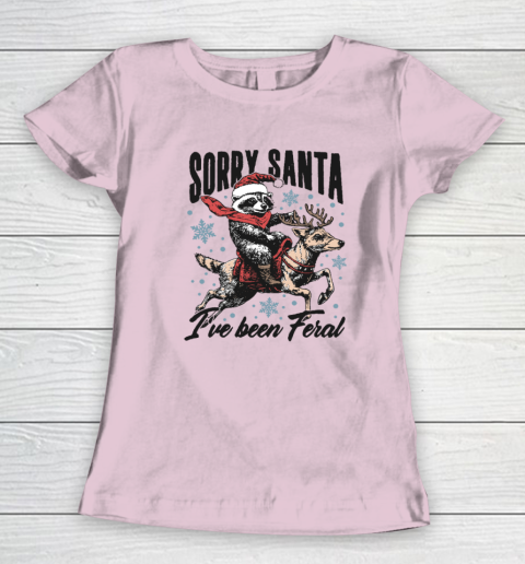Vintage Sorry Santa I've Been Feral Raccoon Riding Horse Christmas Women's T-Shirt 5