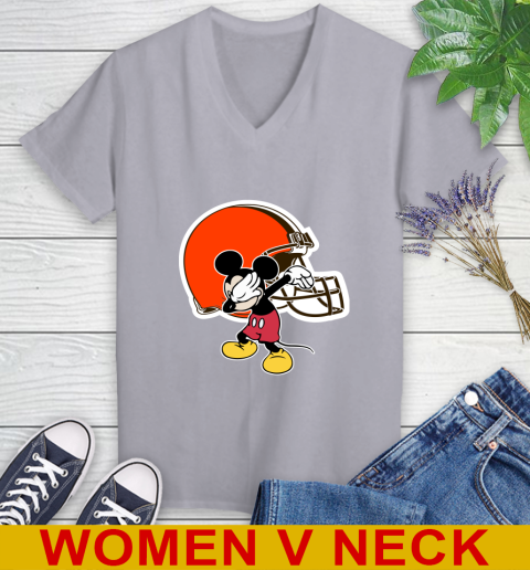 Cleveland Browns NFL Football Dabbing Mickey Disney Sports Women's V-Neck T-Shirt 5