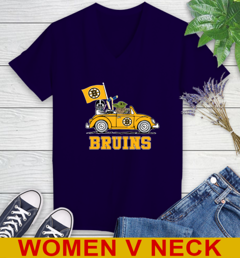 NHL Hockey Boston Bruins Darth Vader Baby Yoda Driving Star Wars Shirt Women's V-Neck T-Shirt 4