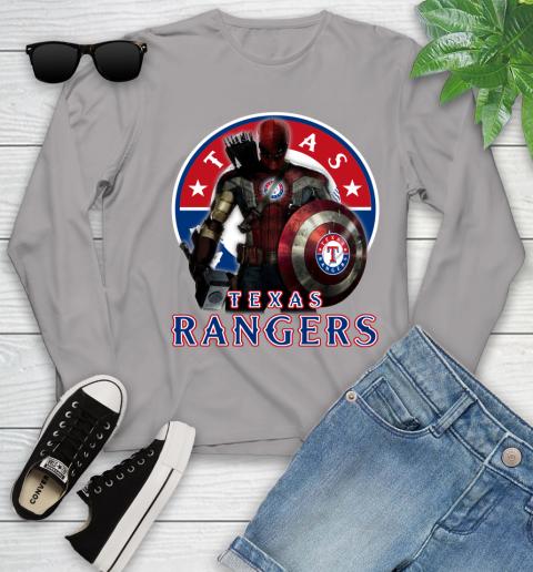 MLB Captain America Thor Spider Man Hawkeye Avengers Endgame Baseball Texas Rangers Youth Long Sleeve 5