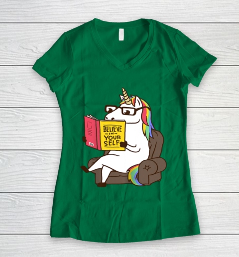Unicorn Shirt Believe in Yourself Motivational Book Lover Women's V-Neck T-Shirt 5
