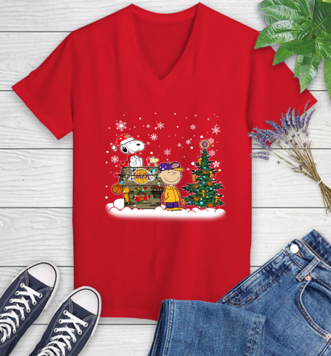Los Angeles Lakers NBA Basketball Christmas The Peanuts Movie Snoopy Championship Women's V-Neck T-Shirt 11