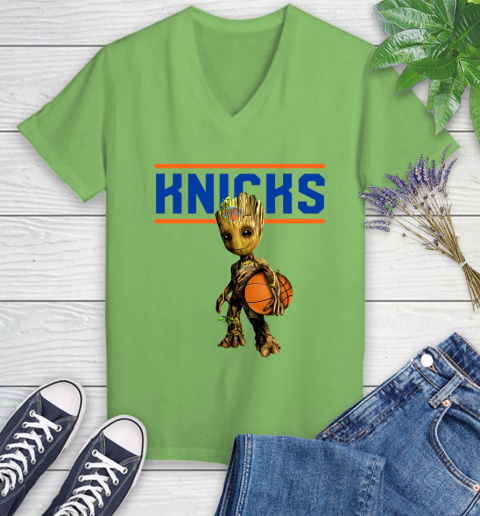 New York Knicks NBA Basketball Groot Marvel Guardians Of The Galaxy Women's V-Neck T-Shirt 11