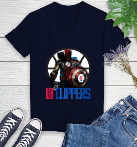 LA Clippers NBA Basketball Captain America Thor Spider Man Hawkeye Avengers Women's V-Neck T-Shirt 3