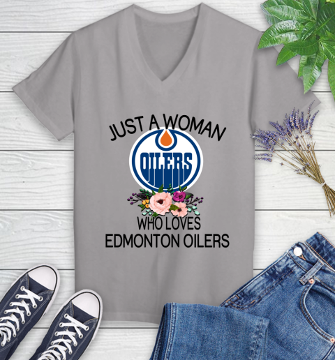 NHL Just A Woman Who Loves Edmonton Oilers Hockey Sports Women's V-Neck T-Shirt 2