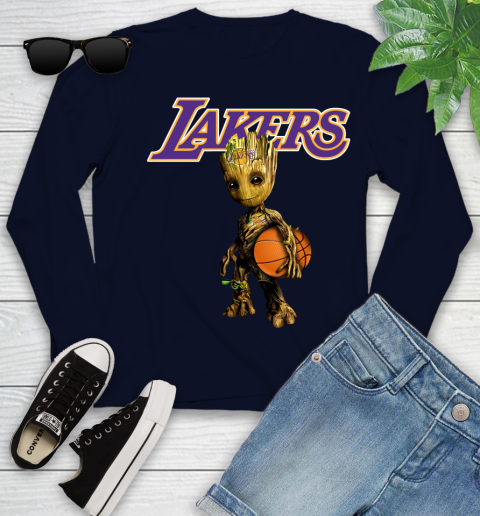 Los Angeles Lakers NBA Basketball Groot Marvel Guardians Of The Galaxy Youth Long Sleeve 3