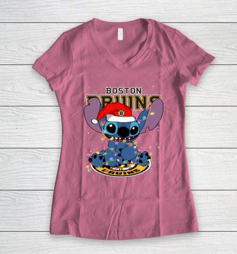 Boston Bruins NHL Hockey noel stitch Christmas Women's V-Neck T-Shirt 7