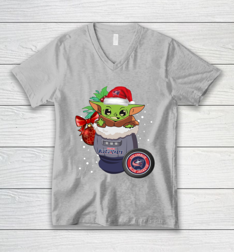 Columbus Blue Jackets Christmas Baby Yoda Star Wars Funny Happy NHL V-Neck T-Shirt 4
