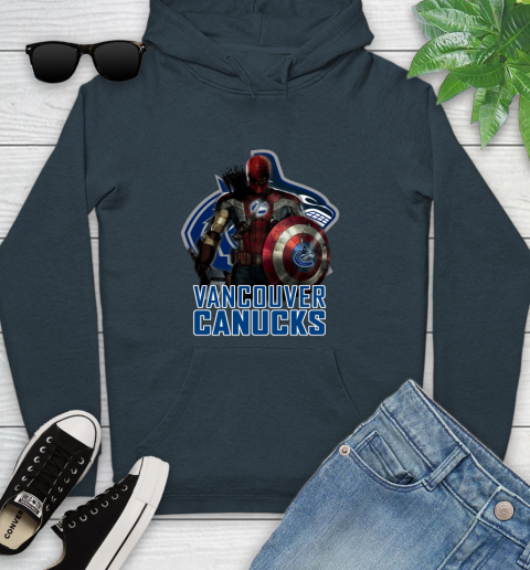 NHL Captain America Thor Spider Man Hawkeye Avengers Endgame Hockey Vancouver Canucks Youth Hoodie 8