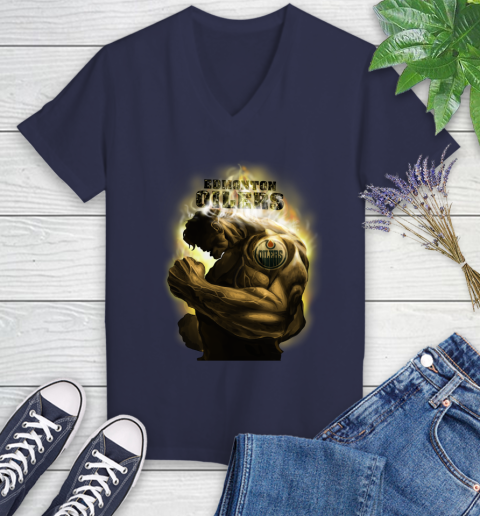 Edmonton Oilers NHL Hockey Hulk Marvel Avengers Sports Women's V-Neck T-Shirt 12