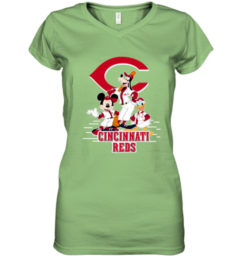 Cincinnati Reds Mickey Donald And Goofy Baseball Women's V-Neck T