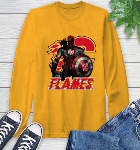 NHL Captain America Thor Spider Man Hawkeye Avengers Endgame Hockey Calgary Flames Long Sleeve T-Shirt 3