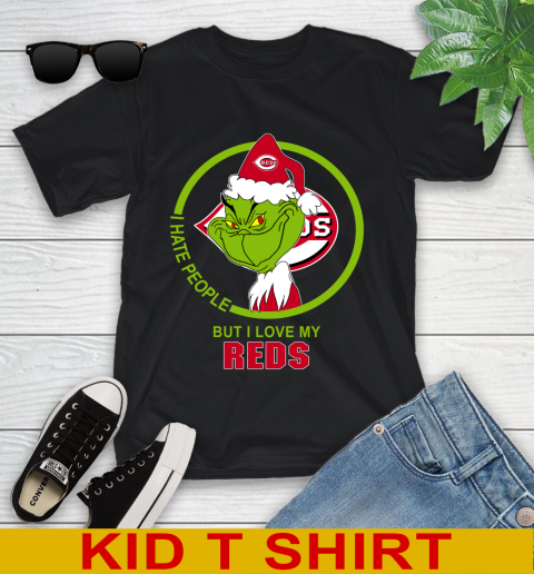 Cincinnati Reds MLB Christmas Grinch I Hate People But I Love My Favorite Baseball Team Youth T-Shirt 2