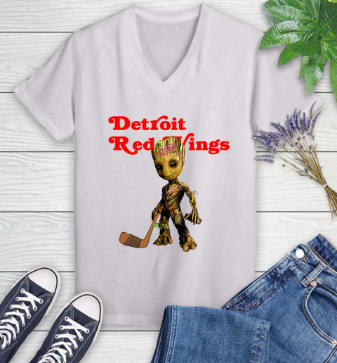 Detroit Red Wings NHL Hockey Groot Marvel Guardians Of The Galaxy Women's V-Neck T-Shirt