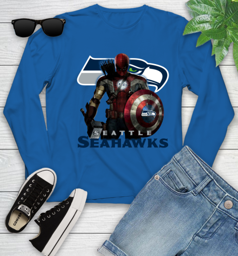 NFL Captain America Thor Spider Man Hawkeye Avengers Endgame Football Seattle Seahawks Youth Long Sleeve 9