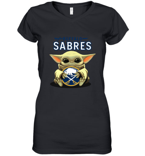 Baby Yoda Hugs The Buffalo Sabres Ice Hockey Women's V-Neck T-Shirt