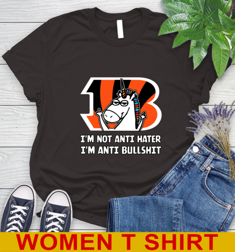 Cincinnati Bengals NFL Football Unicorn I'm Not Anti Hater I'm Anti Bullshit Women's T-Shirt 8