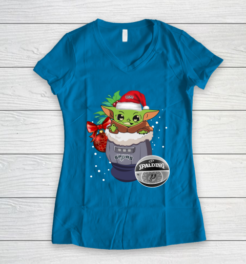 San Antonio Spurs Christmas Baby Yoda Star Wars Funny Happy NBA Women's V-Neck T-Shirt 7