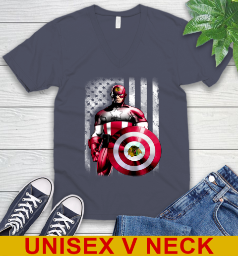 Chicago Blackhawks NHL Hockey Captain America Marvel Avengers American Flag Shirt V-Neck T-Shirt 7