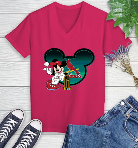 MLB St.Louis Cardinals The Commissioner's Trophy Mickey Mouse Disney Women's V-Neck T-Shirt 9