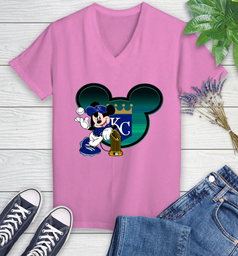 MLB Kansas City Royals The Commissioner's Trophy Mickey Mouse Disney Women's V-Neck T-Shirt 14