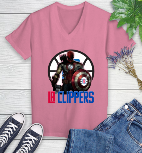 LA Clippers NBA Basketball Captain America Thor Spider Man Hawkeye Avengers Women's V-Neck T-Shirt 13