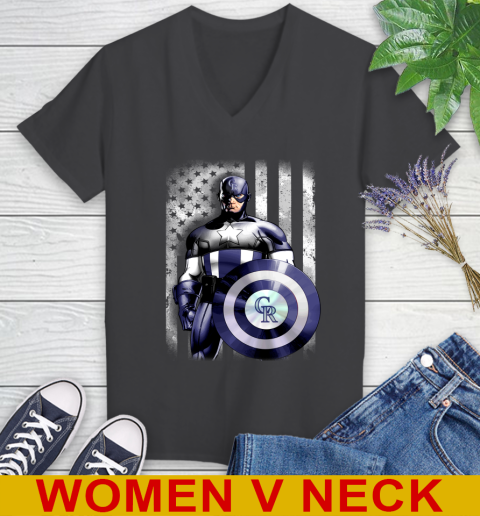 Colorado Rockies MLB Baseball Captain America Marvel Avengers American Flag Shirt Women's V-Neck T-Shirt 8