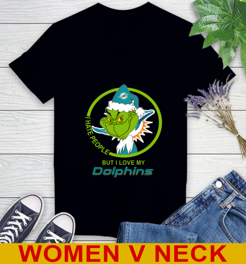 Miami Dolphins NFL Christmas Grinch I Hate People But I Love My Favorite Football Team Women's V-Neck T-Shirt 2