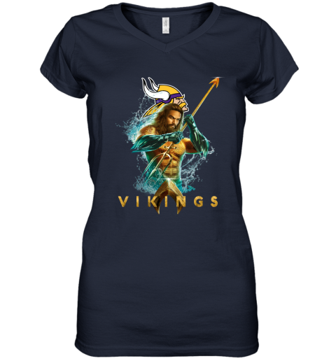 NFL Minnesota Vikings Aquaman DC Football Sports 3JTl3RsmGqZ women v neck t shirt 39 95 151514 front navy