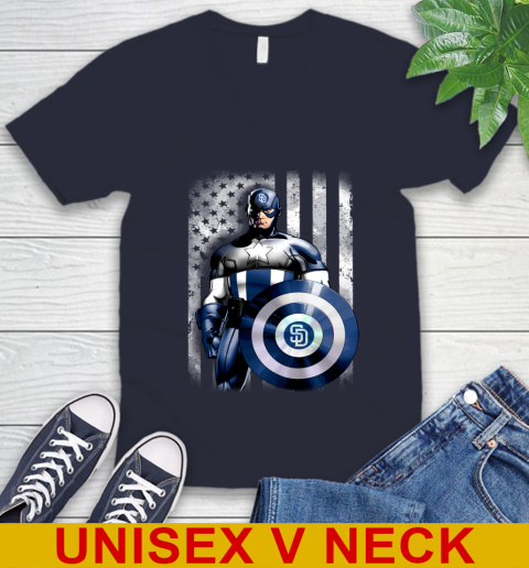 San Diego Padres MLB Baseball Captain America Marvel Avengers American Flag Shirt V-Neck T-Shirt 2