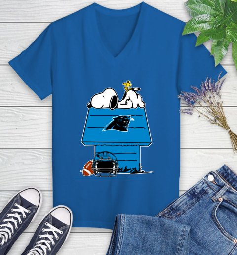 Carolina Panthers NFL Football Snoopy Woodstock The Peanuts Movie Women's V-Neck T-Shirt 10