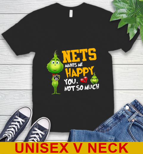 NBA Brooklyn Nets Makes Me Happy You Not So Much Grinch Basketball Sports V-Neck T-Shirt