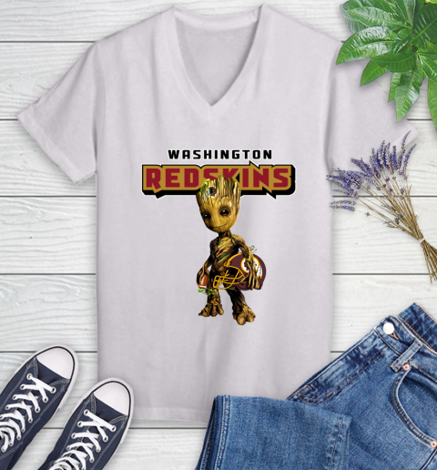 Washington Redskins NFL Football Groot Marvel Guardians Of The Galaxy Women's V-Neck T-Shirt