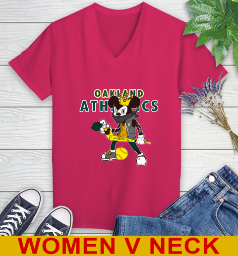 Oakland Athletics MLB Baseball Mickey Peace Sign Sports Women's V-Neck T-Shirt 10