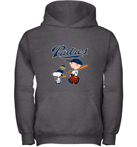 i50l san diego padres lets play baseball together snoopy mlb shirt youth hoodie 43 front dark heather