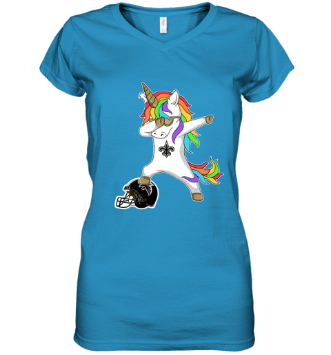lgtt football dabbing unicorn steps on helmet new orleans saints women v neck t shirt 39 front sapphire
