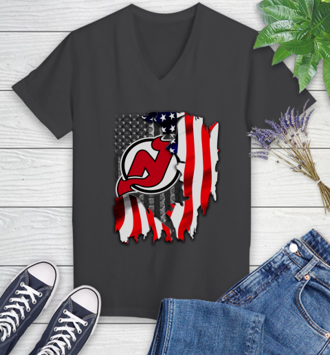 New Jersey Devils NHL Hockey American Flag Women's V-Neck T-Shirt 8