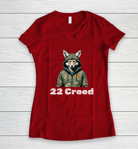 Coyote in Hood 22 Creed Graphic Hunting Women's V-Neck T-Shirt 6