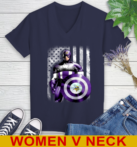Minnesota Vikings NFL Football Captain America Marvel Avengers American Flag Shirt Women's V-Neck T-Shirt 12