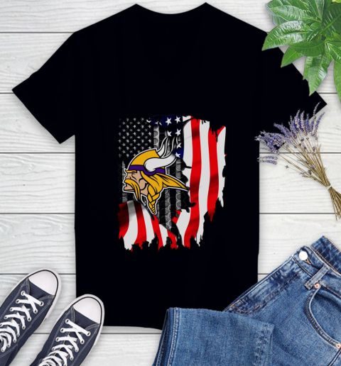 Minnesota Vikings NFL Football American Flag Women's V-Neck T-Shirt
