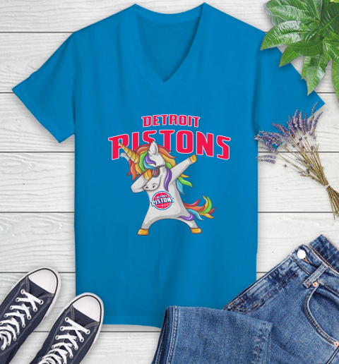 Detroit Pistons NBA Basketball Funny Unicorn Dabbing Sports Women's V-Neck T-Shirt 7