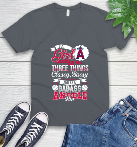 Los Angeles Angels MLB Baseball A Girl Should Be Three Things Classy Sassy And A Be Badass Fan V-Neck T-Shirt 4