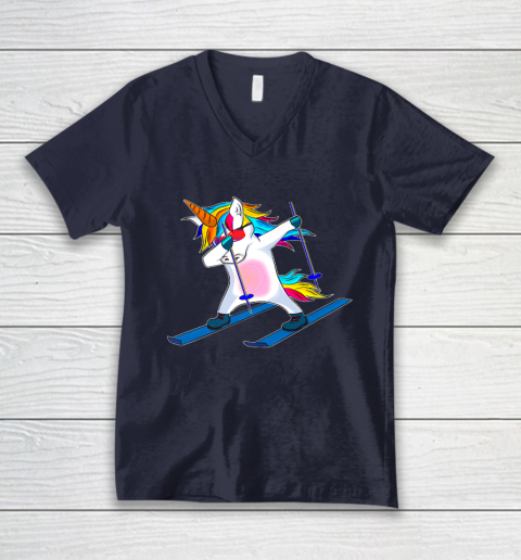 Skiing Unicorn Dabbing Funny Gift V-Neck T-Shirt 3